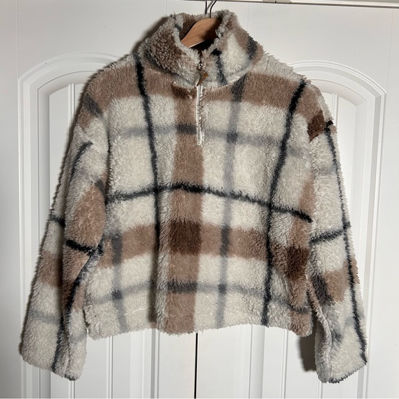 Thread & Supply Plaid Quarter-Zip Soft Sherpa Pullover Size XS - Picture 2 of 8